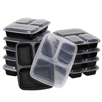 "3-Compartment Rectangular Microwavable  Heavy Weight Container with Lid"